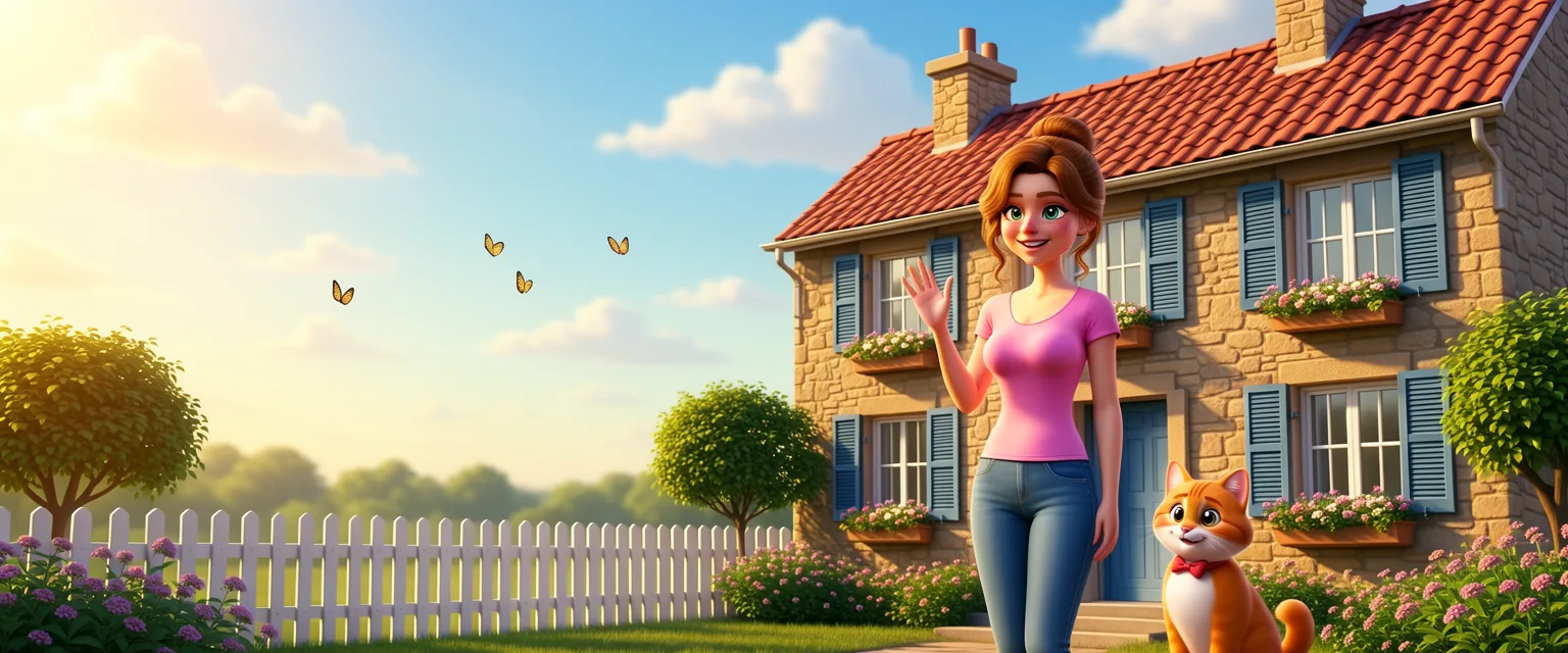 Ella and Ginger in front of their restored stone cottage