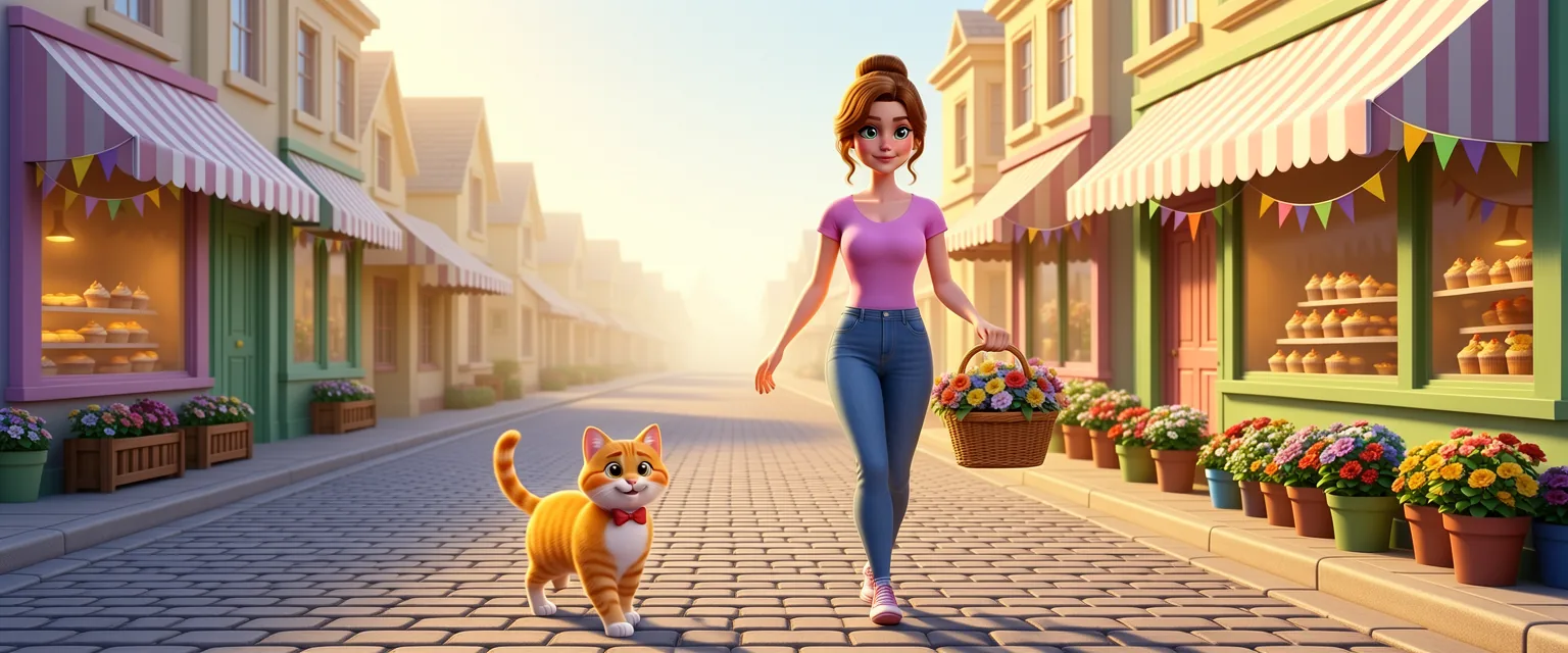 Ella and Ginger in the little town's sunny main street