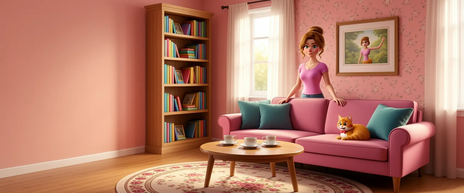 Ella decorating the cozy living room with Ginger